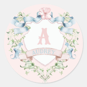 Sticker Rond Bleu et rose Grandmillennial Ribbon Crest