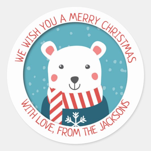 Sticker Rond Bleu et rouge avec ours polaire neige noël (Devant)