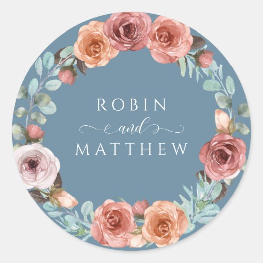 Sticker Rond Bleu Ethérée Dusty, Mariage Floral Peach Blush (Devant)