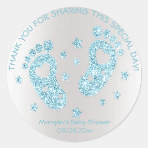 Sticker Rond Bleu Étoiles Pieds Baby shower Favoriser Merci Éti