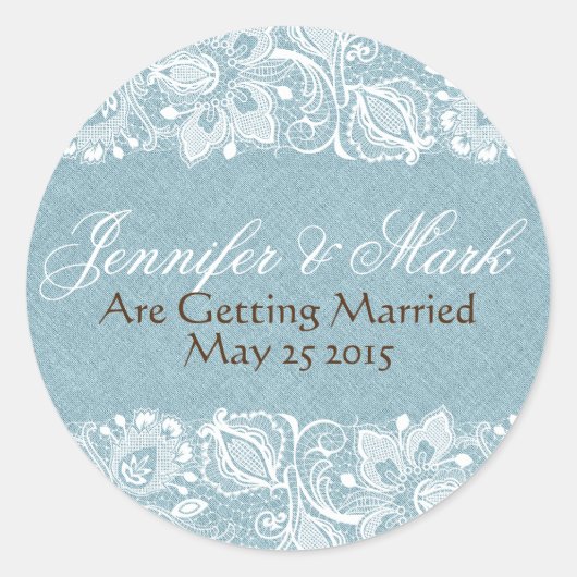 Sticker Rond Bleu Faux Lin Burlap & Blanc Dentelle Florale (Devant)