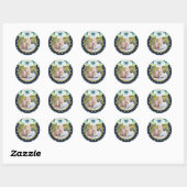Sticker Rond Bleu, Faux Or, Aquarelle Florale Mariage Photo (Feuille)