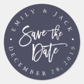 Sticker Rond Bleu foncé | Brosse moderne Lettrée Enregistrer la (Devant)