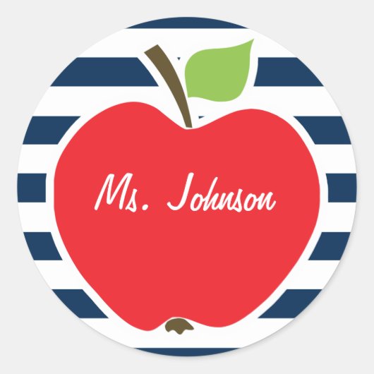 Sticker Rond Bleu foncé de minuit, bandes horizontales; Pomme (Devant)