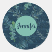 Sticker Rond Bleu foncé et Feuilles verts Turquoises (Devant)