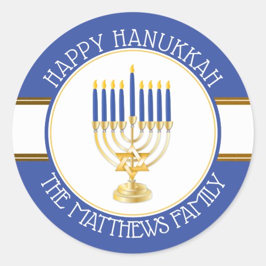 Sticker Rond Bleu | Gold Menorah Happy Hanoukka Classic Round (Devant)