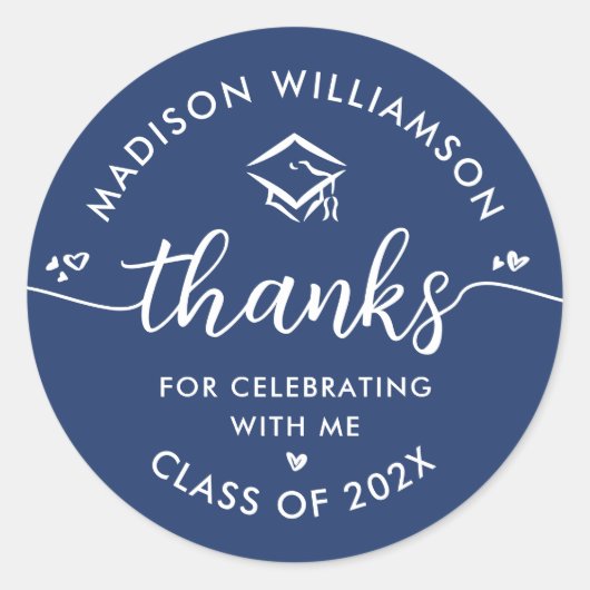 Sticker Rond Bleu Graduation Merci moderne Script Coeurs Casque (Devant)