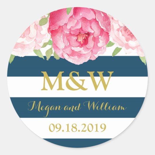 Sticker Rond Bleu Gris Floral Monogramme Mariage Faveur Balise (Devant)