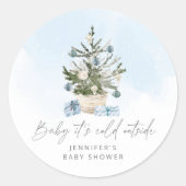 Sticker Rond Bleu hiver Bébé son froid dehors baby shower (Devant)