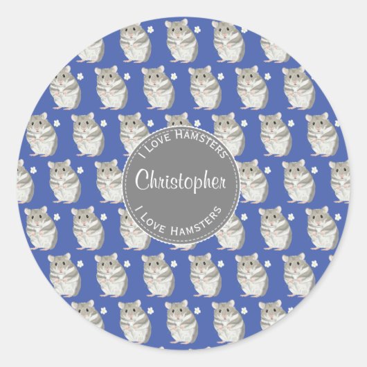 Sticker Rond Bleu J'aime Hamsters Gris Hamster Motif (Devant)
