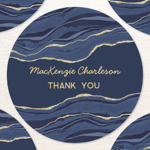Sticker Rond Bleu Marbre Agate Gold Geode Merci Business