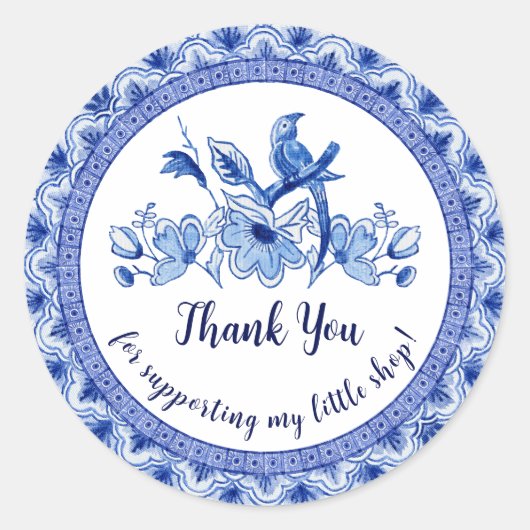 Sticker Rond Bleu marine blanc asiatique chinoiserie merci (Devant)