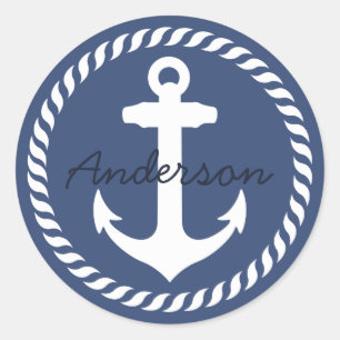 Sticker Rond Bleu Marine Blanc Rond Corde Naútíque Ancre