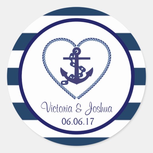 Sticker Rond Bleu marine Bleu Blancs Ancre Mariage (Devant)