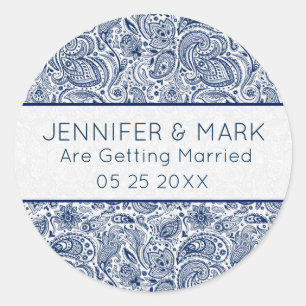 Sticker Rond Bleu marine élégant et floral Paisley dentelle bla