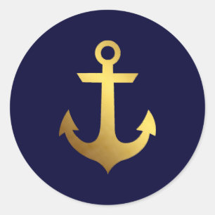 Sticker Rond Bleu marine et Ancre de feuille d'or de Faux