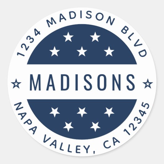 Sticker Rond Bleu marine et blanc Étoiles Adresse de retour per (Devant)