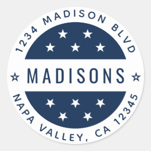 Sticker Rond Bleu marine et étoiles blanches Adresse de retour 