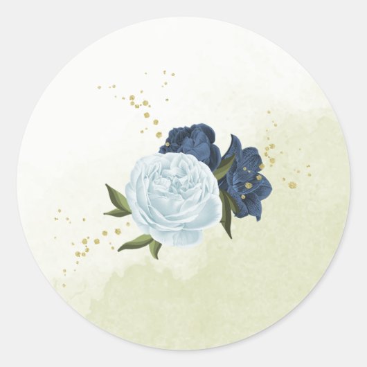 Sticker Rond bleu marine et poussiéreux fleurs verdure mariage (Devant)