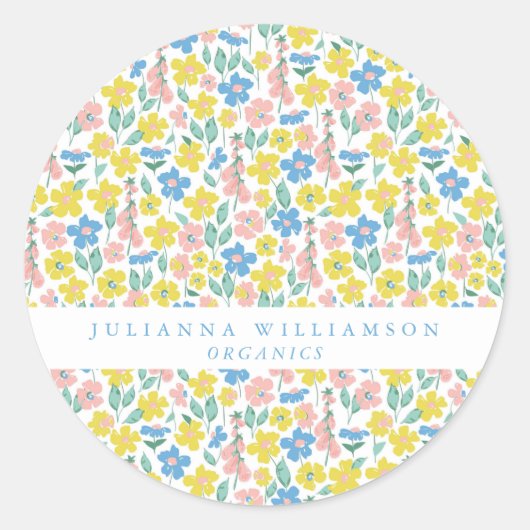 Sticker Rond Bleu mignon et Jaune Ditsy Floral Moderne (Devant)