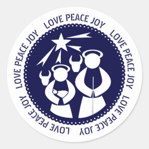 Sticker Rond Bleu Nativité Scène Amour, Paix, Joie Noël