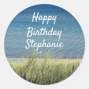 Sticker Rond Bleu Nautique Joyeux paysage de plage d'anniversai