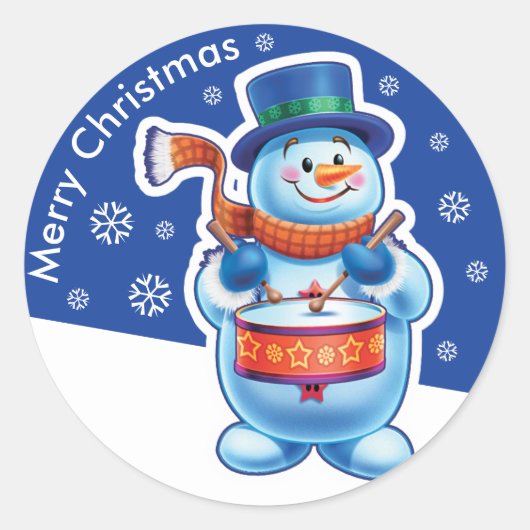 sticker rond bleu Noël Snowman batteur. (Devant)