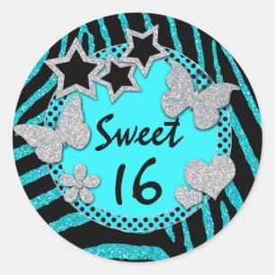 Sticker Rond Bleu Noir Argent FAUX Parties scintillant Sweet 16