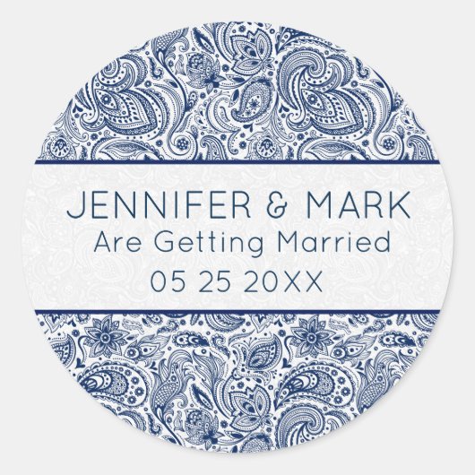 Sticker Rond Bleu Nuit Élégant et Broderie Florale Paisley Blan (Devant)