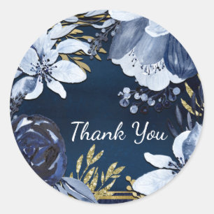 Sticker Rond Bleu Nuit et Or Élégant Moderne Floral Aquarelle