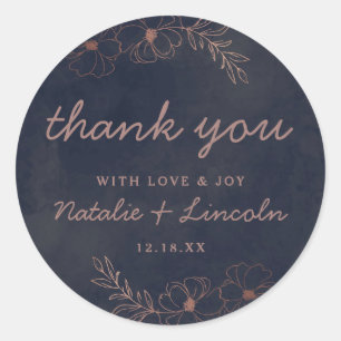 Sticker Rond Bleu Nuit et Rose Gold Foil Chic Mariage Remerciem