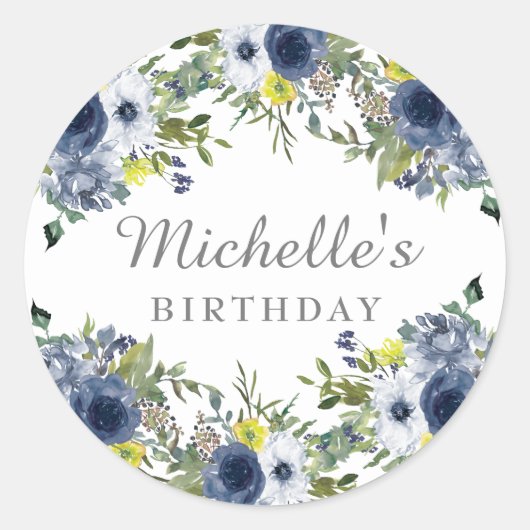 Sticker Rond Bleu Nuit Jaune Fleurs Aquarelle Anniversaire (Devant)