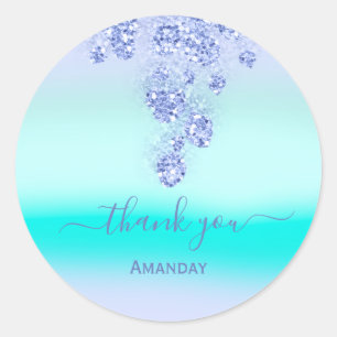 Sticker Rond Bleu Océan Paillettes Mariage Fête Douzième Remerc
