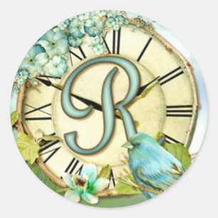 Sticker Rond bleu oiseau bleu intemporel caprice lettre initial