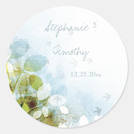 Sticker Rond Bleu olivier vert feuillage oiseaux de mariage aut (Devant)