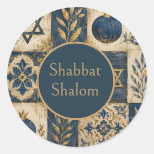 Sticker Rond Bleu Or, Judaica Shabbat Maison de Campagne Rustiq
