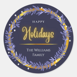 Sticker Rond Bleu Or Mignon Joyeuses Fêtes Joyeux Noël