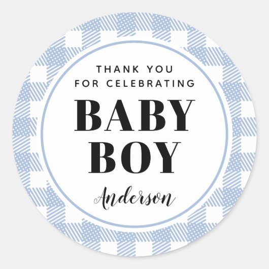 Sticker Rond Bleu pâle En vichy Merci plaqué bébé garçon (Devant)