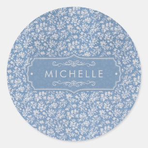 Sticker Rond Bleu pastel doux et motif floral bohème blanc gris
