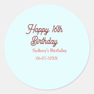 Sticker Rond Bleu pastel rouge joyeux 16e anniversaire nom date
