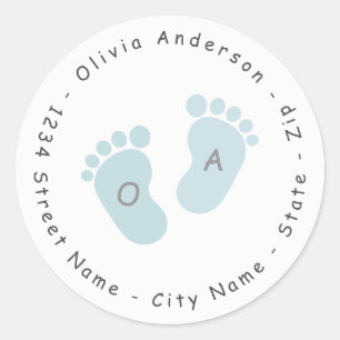 Sticker Rond Bleu pied Imprimer Baby shower Adresse de retour É
