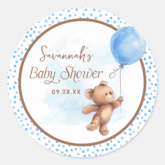 Sticker Rond Bleu Polka Dot Teddy Bear Balloon Baby shower
