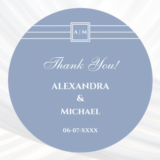 Sticker Rond Bleu poussière blanc Mariage moderne Merci