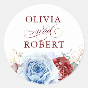 Sticker Rond Bleu Poussiéreux et Mariage Moderne Floral Bohème 