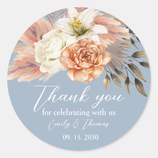 Sticker Rond Bleu poussiéreux et Merci de Mariage floral de Pêc (Devant)