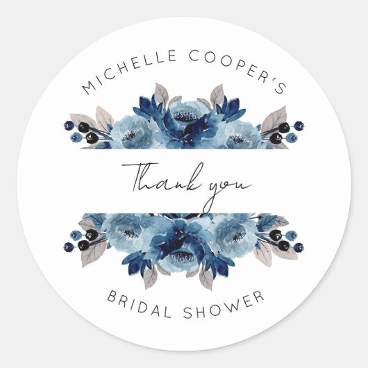 Sticker Rond Bleu Poussiéreux et Remerciements Floraux Navy (Devant)