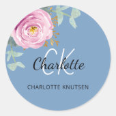 Sticker Rond Bleu poussiéreux rose floral eucalyptus merci (Devant)