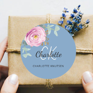 Sticker Rond Bleu poussiéreux rose floral eucalyptus merci