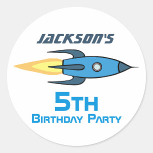 Sticker Rond Bleu Retro Rocket Ship Personnalisé Birthday Boy
