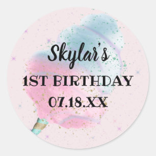 Sticker Rond Bleu rose Coton Bonbon BronzeParties scintillant o